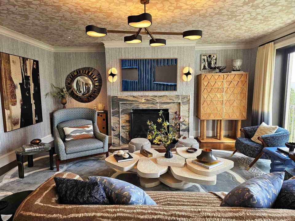 Stylish living space featuring geometric chandelier and artistic accents in a San Francisco custom home by S.A. Baxter, Inc.