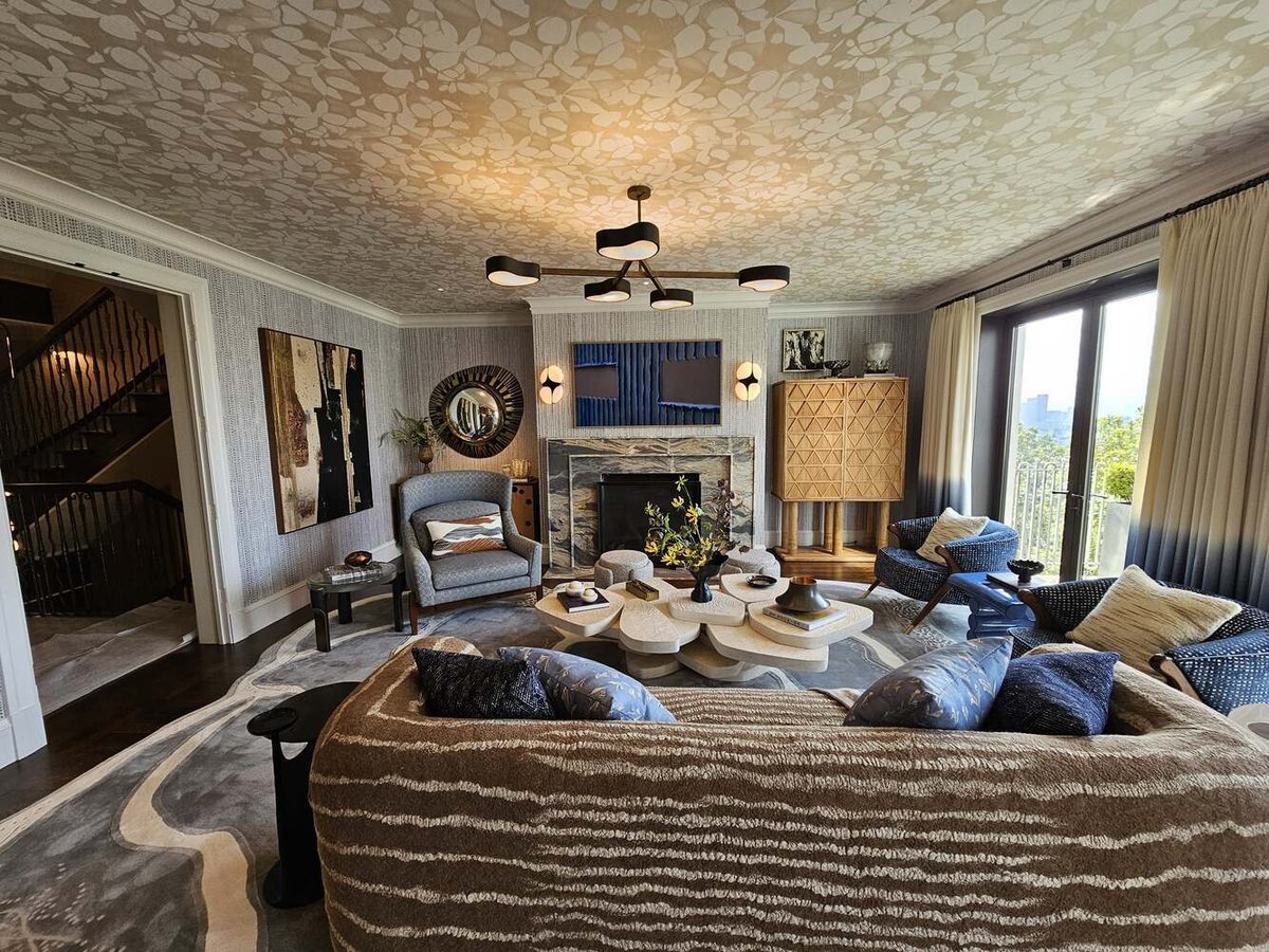 Open-concept living room with patterned ceiling and designer furnishings in a Sausalito custom home by S.A. Baxter, Inc