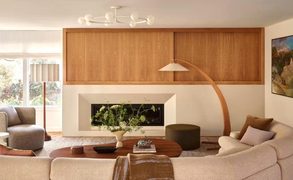 Mid-century modern living room with built-in fireplace by S.A. Baxter, Inc. in Marin County custom home