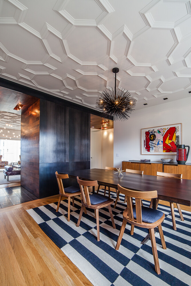 Artistic dining room featuring modern ceiling pattern and sculptural chandelier by S.A. Baxter, Inc., Nob Hill.