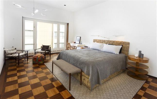 Checkerboard wood flooring in bedroom of custom Nob Hill, CA home by S.A. Baxter, Inc.