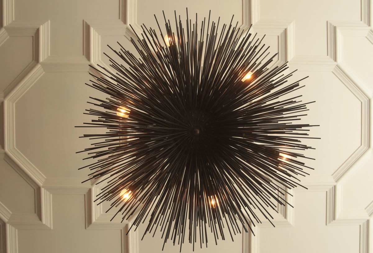 Spiked chandelier against coffered ceiling in custom Nob Hill, CA home by S.A. Baxter, Inc.
