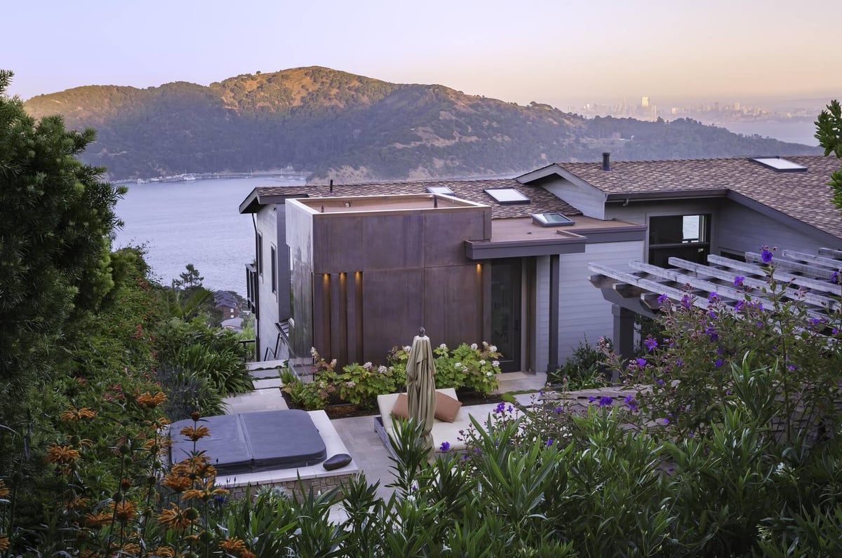 Aerial view of modern Tiburon custom home with copper accents and bay views by S.A. Baxter, Inc.