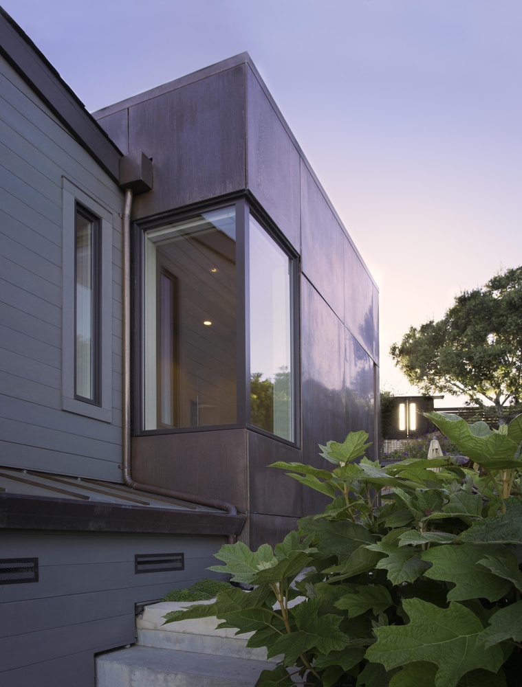 Corner window detail on modern copper-clad Tiburon home by S.A. Baxter, Inc.
