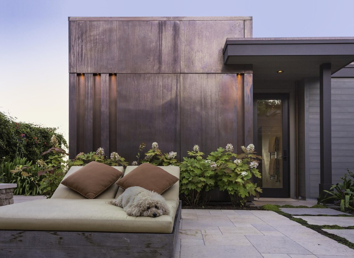Dog resting on patio lounger in modern Tiburon home with copper accent wall by S.A. Baxter, Inc.