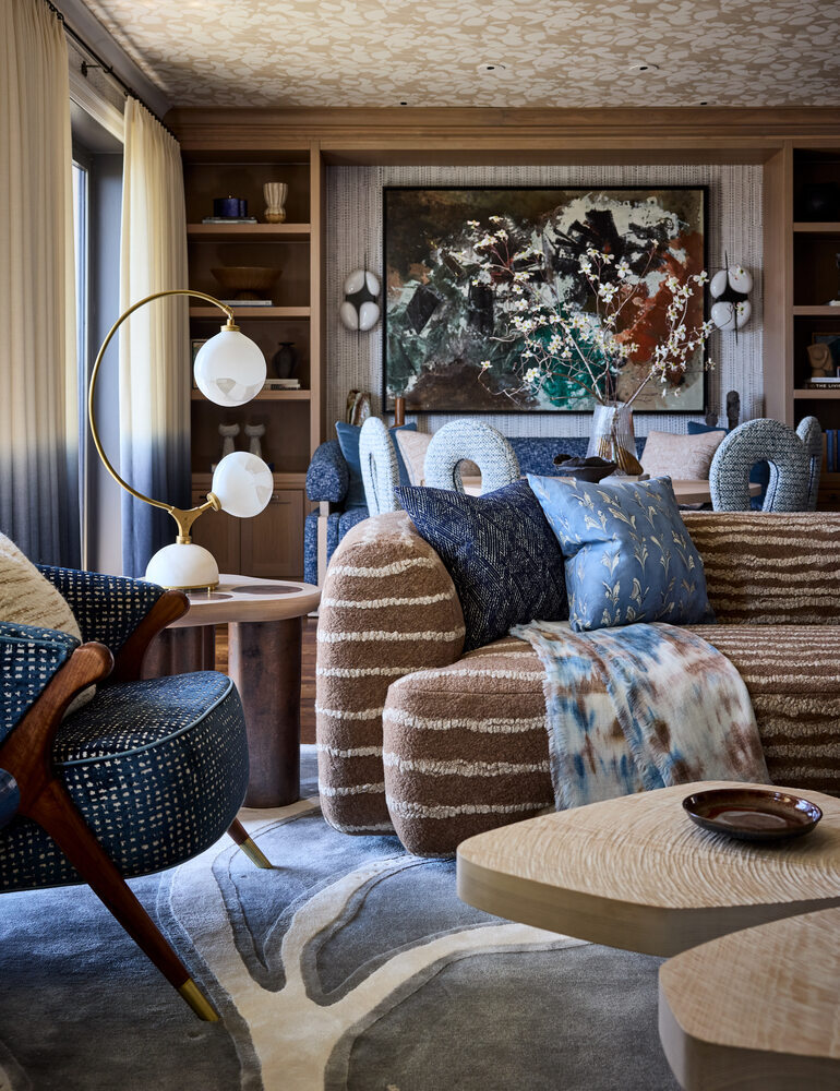 Open-plan living and dining area with layered textures in a Hillsborough custom home by S.A. Baxter, Inc.